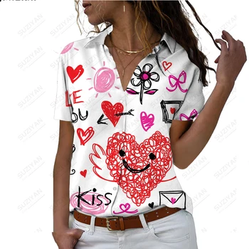 2023 Vasarą Naujiems Karšto Pardavimo Moterų trumpomis Rankovėmis Marškiniai 3D Spausdinimo Valentino Diena Meilės Spausdinti Atvartas Mygtuką Atsitiktinis Priemiestinių Viršų