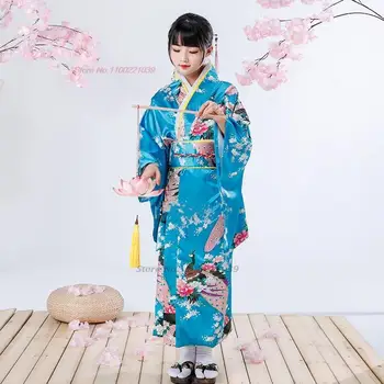 2024 m. gėlių spausdinti japonų kimono yukata+obi nustatyti vaikų vintage suknelė japonijos veiklos kostiumas tradicinių kimono skraiste