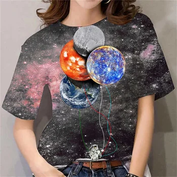 Astronautas Planetos Skaitmeninio Spausdinimo Moterų Marškinėlius Elementas, O-kaklo Vasaros Harajuku Trumpas Rankovės Mados Street Patogiai Ponios Atsitiktinis