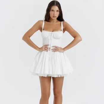 Aukštos Kokybės Saldus Backless Mini Suknelė Moterims, Elegantiška Nėrinių Hem Krūtinės Įvyniojimas Petnešos Suknelės Vasaros Balti Chalatai Vestidos