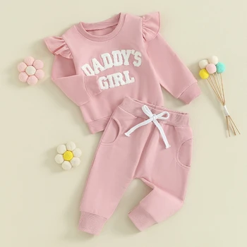 Bamblys Baby Girl Susiėmę Rankovėmis Marškinėlius, Kelnes Nustatyti Vientisos Spalvos Laišką Siuvinėjimo Tracksuit Rudenį Žiemos Drabužių