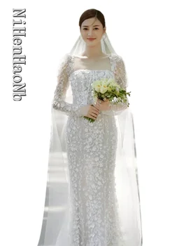 Blizgučiai Undinė Vestuvių Suknelė Prabangus Putojantis Blizgučiai Granulių 3D Gėlių Aikštėje Kaklo, ilgomis Rankovėmis, Sodas Nuotakos Suknelė Chalatas De Mariée