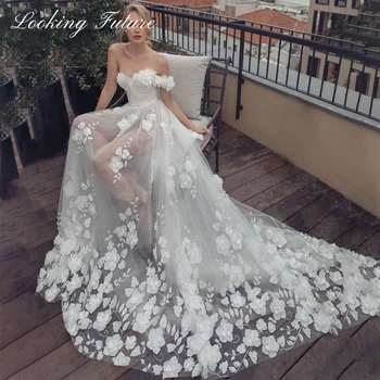 Elegantiškas 3D Gėlių Nėrinių Vestuvių Suknelė Princesė linijos, Brangioji Off Peties Iliuzija Vestuvinės Suknelės Teismas Traukinio Chalatas De Mariee