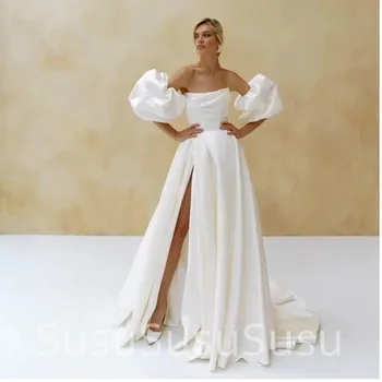 Elegantiškas Satino Vestuvių Suknelė, Trumpas Sluoksniuotos Rankovėmis Paprasta Paprasto Balta Nuotakos Suknelė-Line Pusėje Ritininės Valymo Traukinio Vestido de Novia 2023