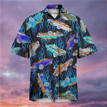 Havajų senovinių automobilių 3D marškinėliai vyriški laisvi drabužiai Vasaros orui viršuje Trumpas rankovėmis greitai džiūsta atsitiktinis vyriški drabužiai