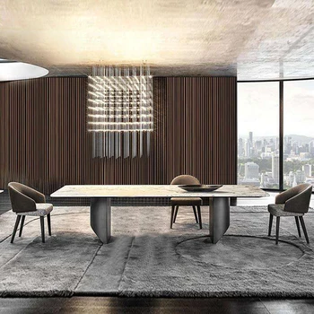 Italijos minimalistinio roko valdybos valgomasis stalas ir kėdės derinys stačiakampio formos šviesos prabangių pietų stalo