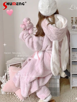 Japonų Stiliaus Cute Girl Sutirštės Cutelamb Pink Rabbit Pižamą Nustatyti Ilgas Ausis, Koralų Vilnos Rudens ir Žiemos Pižama Homewear