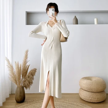 Juosmens suveržimo ir lieknėjimo megzti suknelė moterims, rudens/žiemos 2023 prancūzijos nišą dizaino, prabangus suknelė su apačioje ilgai