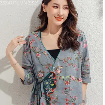 Kinijos Stiliaus Marškinėliai Moterims Cheongsam Viršuje Kinų Tradicinė Suknelė Siuvinėjimo Derliaus Tango Kostiumas Medvilnės Skalbiniai Spausdinti Palaidinės 2023
