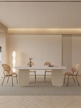 Kremas stiliaus ovalo formos valgomasis stalas ir kėdės derinys, restoranas, moderni ir paprasta asmeninį medžio masyvo valgomojo stalas