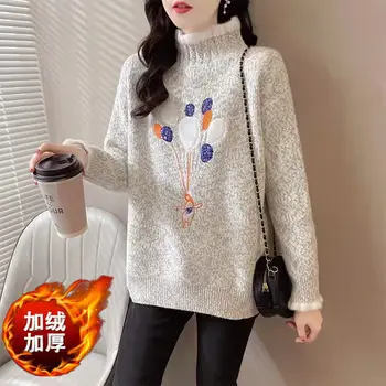 Moteris Rudens-Žiemos Korėjos Naujas Mados Aukštos Kaklo Šeniliniai Žakardiniai Megztinis Sutirštės Šiltų Megztinių Universalus Ilgas Rankovėmis Viršų