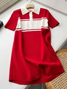 Moterų 2023 Naujos Elegantiškos Mados stripe Polo marškinėliai Kaklo Plonas Mini Suknelė Vintage Trumpas Rankovės Moterų Suknelės, skraistės Mujer