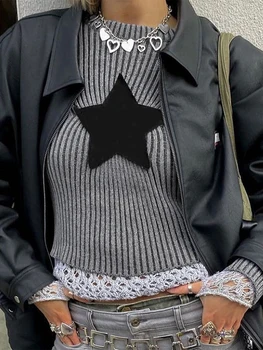 Moterų Y2K Briaunoti Megztinis, Vintage Siuvinėjimo Star ilgomis Rankovėmis Įgulos Kaklo Marškinėliai, Megztiniai Apkarpyti Viršūnes Slim Grunge Trikotažas