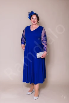 Motina Nuotakos Suknelės Royal Blue-Line Nėrinių Vien ilgomis Rankovėmis Vidurio Blauzdos Arbatos Didelis Pliusas Dydis, V-Kaklo, Moterims Vestuves Suknelė