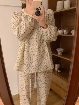 Naujų Namų Mielas Vyšnių Nėrinių Rudenį Ilgomis Rankovėmis Pajama Nustatyti Moterų Minkštas Korėjos Elegantiškas Atsitiktinis ) Patogus Princesė Sleepwear Ins