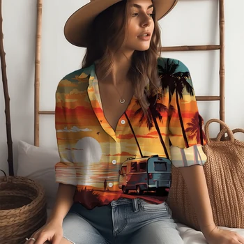 Paplūdimio Atostogų Stiliaus Marškinėliai Pavasarį ir Rudenį Moterų Prarasti Atsitiktinis Marškinėliai Didelio Dydžio Marškinius Pajūrio Saulėlydžio 3D Atspausdintas Marškinėliai