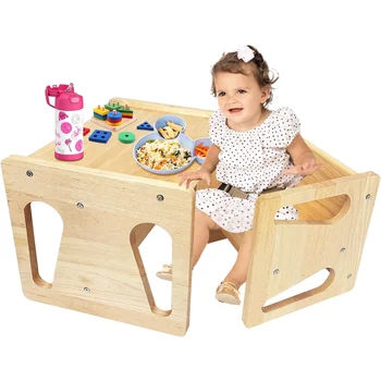Royxen Montessori Nujunkymo Stalas ir Kėdė iš Medžio masyvo Bamblys Stalas ir Kėdė Nustatytas 2 Lygis Aukštis, Kubo Kėdutės, skirtos Kūdikiams