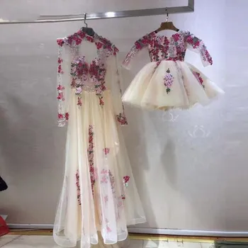 Saudo Arabija Gėlių Žiedai Vakarinę Suknelę 2021 Vestido De Noiva Oficialų Appliques Ilgomis Rankovėmis Motina Ir Dukra Prom Dresses