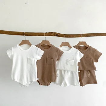 vaikų drabužiai nustatyti kietojo medvilnės duobę juostele baby berniukas ir mergaitė drabužius apvalios kaklo kūdikių vasaros trumpas rankovėmis viršutiniai du-piece set