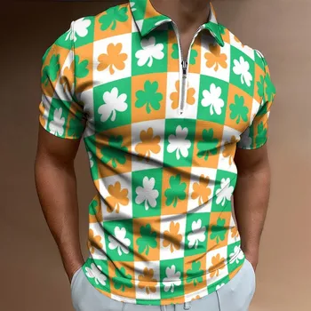 Vyriški marškinėliai Pledas St-Patrick-Dieną Polo-shirt Airijos-Nacionalinės Dienos užtrauktukas atvartas Žalias Viršūnes Trumpas Rankovėmis tee-shirt Dobilų Chemise