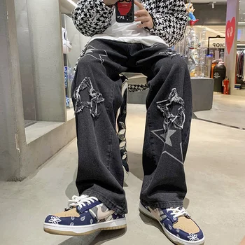 Y2K Naujų vyriškų drabužių Streetwear korėjos Derlius Mažas Augimas Baggy Jeans Tiesiai Hip-Hop Džinsinio audinio Kelnės Star Kelnės Vyrams, Drabužiai