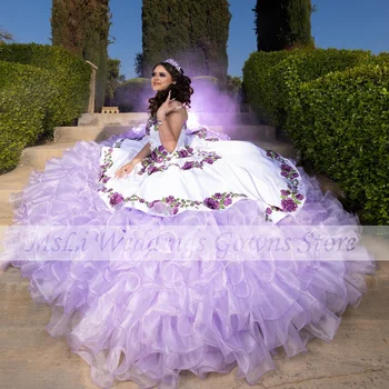 Šviesiai Violetinės Quinceanera Suknelės Meksikos Merginos Stebėjimo Siuvinėjimas, Pynimas Saldus 16 Suknelė Vestidos De 15 Quinceañera