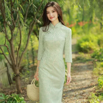 Žalia Cheongsam Tang Dinastijos rudens pradžioje ilgai composite nėrinių suknelė šviežia ir meno jauna mergina